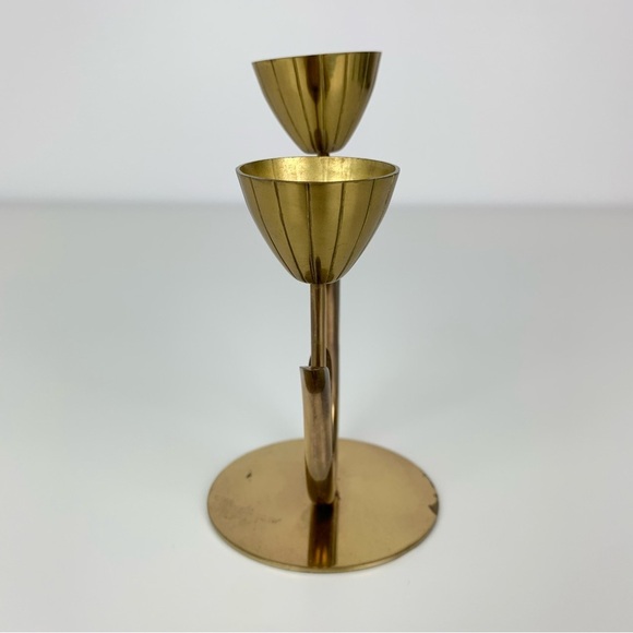 Ystad Metall Brass Candle Holder Flower Tulip 2 Arms Sweden MCM Vtg Scandinavian - Picture 4 of 10